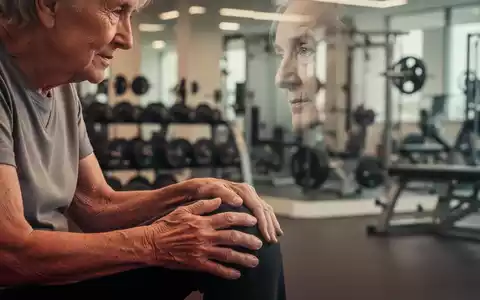Ältere Person berührt ihr Knie, im Hintergrund ein moderner Physiotherapie-Fitnessraum mit Geräten. Fokus auf Gelenkschmerzen und Bewegung. - Foto: über boerse-global.de