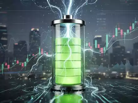 Eine stilisiertes Bild, das den Fluss von Finanzdaten in eine große, leuchtende Batteriezelle darstellt, mit Finanzcharts im Hintergrund. - Foto: über boerse-global.de