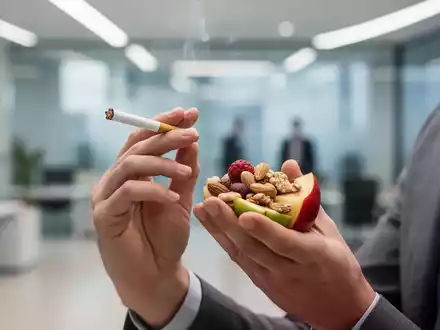 Hände halten einen gesunden Snack, der die Geste des Rauchens ersetzt, vor einem unscharfen Hintergrund. - Foto: über boerse-global.de
