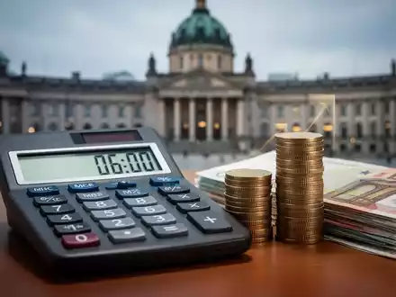 Ein Taschenrechner zeigt steigende Zahlen, daneben ein Stapel Euro-Münzen und -Banknoten, die steigende Steuern symbolisieren. - Foto: über boerse-global.de