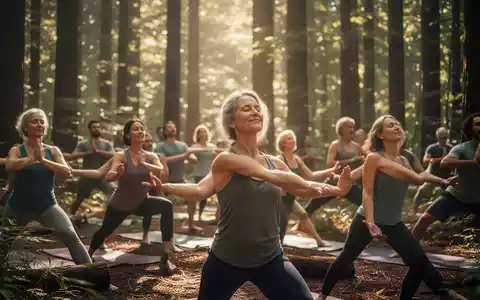 Eine Gruppe Erwachsener nimmt an einer achtsamen Outdoor-Aktivität in einem ruhigen, sonnendurchfluteten Wald teil. - Foto: über boerse-global.de