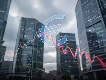 Ein fallender digitaler Börsenkurs auf einem Bildschirm, im Hintergrund verschwommene Hochhäuser und ein Euro-Symbol. - Foto: über boerse-global.de