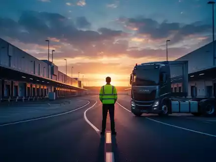 Ein Lkw-Fahrer in Warnweste steht bei Sonnenuntergang in einem leeren Logistikterminal. Die Szene vermittelt Weite und Mangel. - Foto: über boerse-global.de