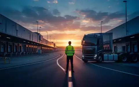 Ein Lkw-Fahrer in Warnweste steht bei Sonnenuntergang in einem leeren Logistikterminal. Die Szene vermittelt Weite und Mangel. - Foto: über boerse-global.de