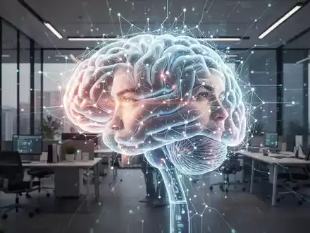 Ein stilisiertes, leuchtendes neuronales Netz oder KI-Gehirn in einem modernen Büroumfeld, das Motivation und Überwindung von Prokrastination symbolisiert. - Foto: über boerse-global.de