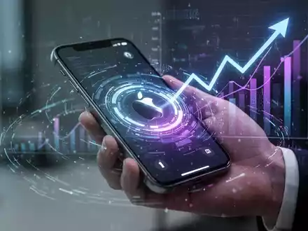 Ein modernes Smartphone, das ein iPhone 11 darstellt, mit leuchtenden Bildschirmelementen und digitalen Datenströmen, die eine Leistungssteigerung symbolisieren. - Foto: über boerse-global.de