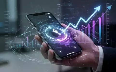 Ein modernes Smartphone, das ein iPhone 11 darstellt, mit leuchtenden Bildschirmelementen und digitalen Datenströmen, die eine Leistungssteigerung symbolisieren. - Foto: über boerse-global.de
