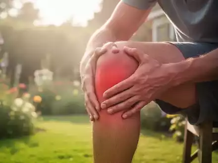 Eine Person hält ihr schmerzendes Knie, im Hintergrund ein sommerlicher, sonnenbeschienener Garten mit Hitzeschleier. - Foto: über boerse-global.de