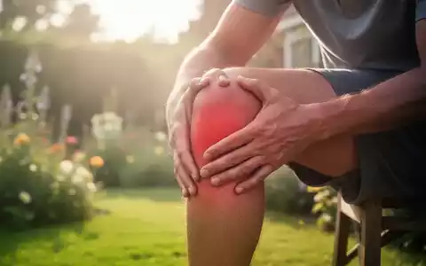 Eine Person hält ihr schmerzendes Knie, im Hintergrund ein sommerlicher, sonnenbeschienener Garten mit Hitzeschleier. - Foto: über boerse-global.de