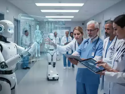 Medizinisches Fachpersonal nutzt moderne digitale Technologie und KI, darunter holografische Anzeige und Roboterassistent, in einer modernen Klinik. - Foto: über boerse-global.de