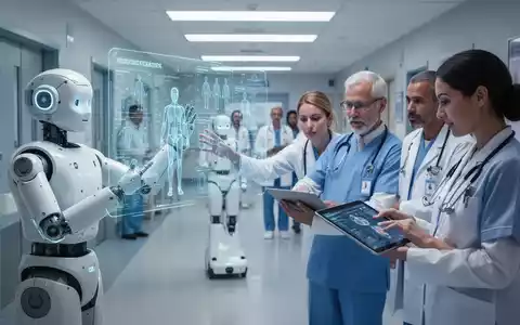 Medizinisches Fachpersonal nutzt moderne digitale Technologie und KI, darunter holografische Anzeige und Roboterassistent, in einer modernen Klinik. - Foto: über boerse-global.de
