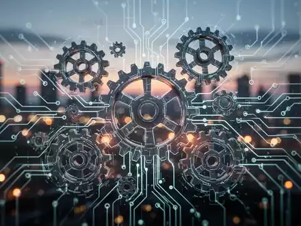 Abstrakte Darstellung von vernetzten Zahnrädern und Schaltkreisen, die Resilienz und Anpassungsfähigkeit in Industrie und Infrastruktur symbolisieren. - Foto: über boerse-global.de