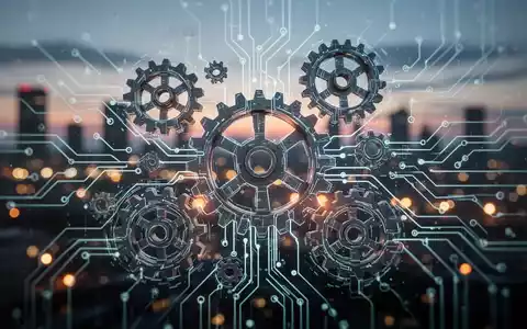 Abstrakte Darstellung von vernetzten Zahnrädern und Schaltkreisen, die Resilienz und Anpassungsfähigkeit in Industrie und Infrastruktur symbolisieren. - Foto: über boerse-global.de