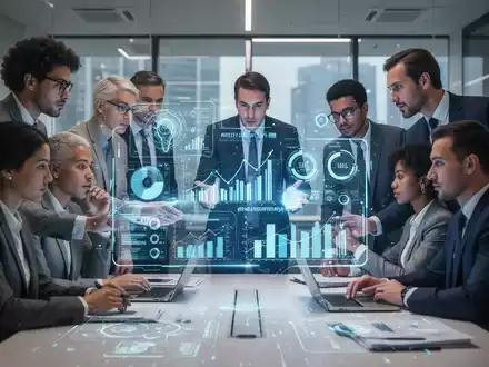 Geschäftsleute in einem modernen Büro, die um eine holografische Benutzeroberfläche herum zusammenarbeiten, die KI-Daten anzeigt. - Foto: über boerse-global.de