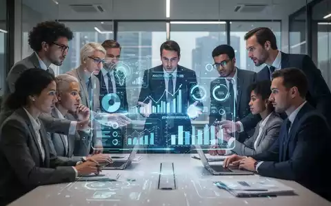 Geschäftsleute in einem modernen Büro, die um eine holografische Benutzeroberfläche herum zusammenarbeiten, die KI-Daten anzeigt. - Foto: über boerse-global.de