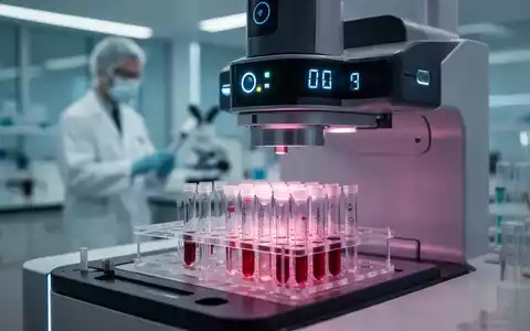 Nahaufnahme einer Laboranalysemaschine mit leuchtenden Anzeigen und Blutproben, im Hintergrund eine unscharfe Wissenschaftlerin. - Foto: über boerse-global.de