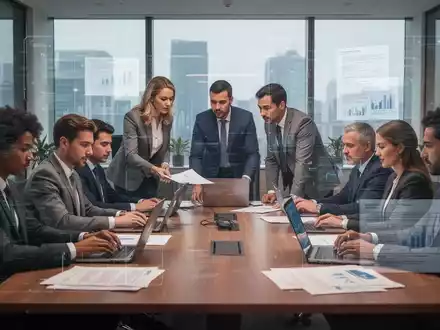 Menschen arbeiten in einem modernen Büro, einige an einem Konferenztisch, andere an Laptops, mit digitalen Overlays. - Foto: über boerse-global.de