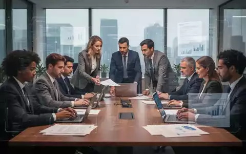 Menschen arbeiten in einem modernen Büro, einige an einem Konferenztisch, andere an Laptops, mit digitalen Overlays. - Foto: über boerse-global.de
