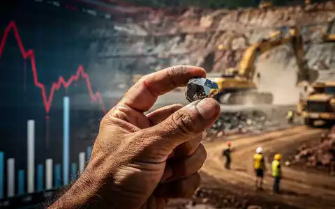 Nahaufnahme einer Hand, die ein seltenes Erdmineral hält, mit einem unscharfen Diagramm, das einen Rückgang inmitten einer Bergbauoperation zeigt. - Foto: über boerse-global.de