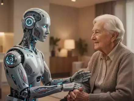 Ein ultrarealistischer humanoider Roboter interagiert sanft mit einer älteren Person in einem hell erleuchteten, modernen Zuhause. - Foto: über boerse-global.de