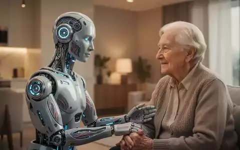 Ein ultrarealistischer humanoider Roboter interagiert sanft mit einer älteren Person in einem hell erleuchteten, modernen Zuhause. - Foto: über boerse-global.de