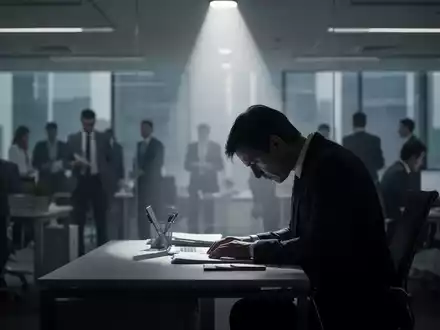 Eine einzelne, silhouettierte Person sitzt an einem Schreibtisch in einem modernen Büro, das Unsicherheit und Umstrukturierung vermittelt. - Foto: über boerse-global.de