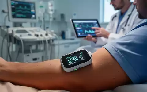 Nahaufnahme eines kontinuierlichen Keton-Messgeräts am Arm eines Patienten mit medizinischem Personal im Hintergrund. - Foto: über boerse-global.de