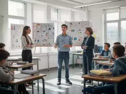 Eine Schülerin präsentiert ein Projekt in einem modernen Klassenzimmer vor Mitschülern und Lehrern. - Foto: über boerse-global.de