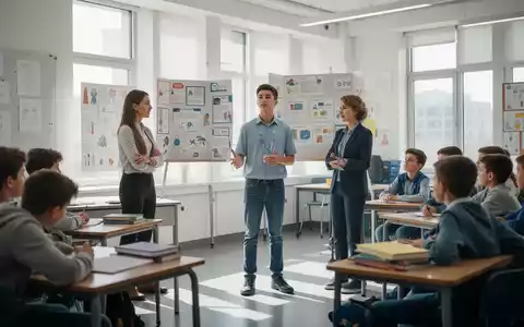 Eine Schülerin präsentiert ein Projekt in einem modernen Klassenzimmer vor Mitschülern und Lehrern. - Foto: über boerse-global.de