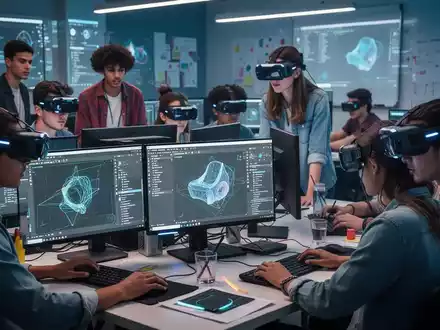 Junge Erwachsene lernen in einem modernen Klassenzimmer mit Computern und VR-Headsets, um neue Technologien zu erlernen. - Foto: über boerse-global.de