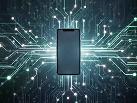Abstraktes digitales Netzwerk, das auf ein Smartphone-Symbol zuströmt, symbolisiert sichere Daten und Technologie-Updates. - Foto: über boerse-global.de