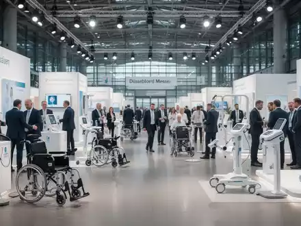 Eine belebte Messehalle mit Besuchern, die moderne Rehabilitations- und Pflegetechnologien sowie Mobilitätshilfen erkunden. - Foto: über boerse-global.de