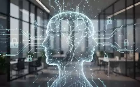 Ein stilisiertes, leuchtendes neuronales Netz über einer menschlichen Silhouette, umgeben von Datenströmen und Vorhängeschlössern. - Foto: über boerse-global.de