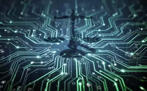 Eine futuristische Leiterplatte, die KI und Sicherheit symbolisiert, mit überlagerten abstrakten Rechtssymbolen. - Foto: über boerse-global.de