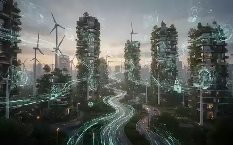Eine futuristische, nachhaltige Stadtlandschaft bei Sonnenuntergang, mit digitalen Datenströmen, die zwischen umweltfreundlichen Gebäuden und Windturbinen fließen. - Foto: über boerse-global.de