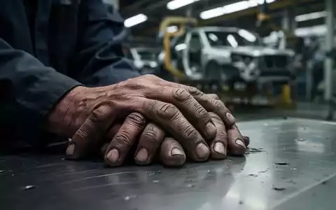 Nahaufnahme der Hände eines Fabrikarbeiters, die auf einer Metalloberfläche in einer schwach beleuchteten Automobilfabrik ruhen, was Unsicherheit symbolisiert. - Foto: über boerse-global.de
