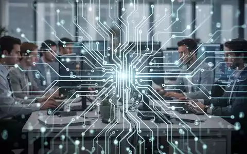 Eine futuristische Darstellung eines neuronalen Netzwerks, das sich über ein geschäftiges Büro legt und Automatisierung symbolisiert. - Foto: über boerse-global.de