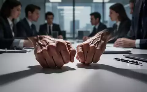 Nahaufnahme von Händen, die einen Schreibtisch umklammern, mit verschwommenen Büroangestellten im Hintergrund, die Stress symbolisieren. - Foto: über boerse-global.de