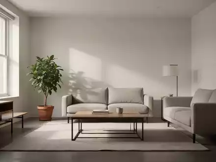 Ein minimalistisches, aufgeräumtes Wohnzimmer mit klaren Linien, neutralen Farben und funktionalen Möbeln. Sonnenlicht fällt durch ein Fenster. - Foto: über boerse-global.de