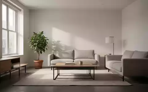 Ein minimalistisches, aufgeräumtes Wohnzimmer mit klaren Linien, neutralen Farben und funktionalen Möbeln. Sonnenlicht fällt durch ein Fenster. - Foto: über boerse-global.de