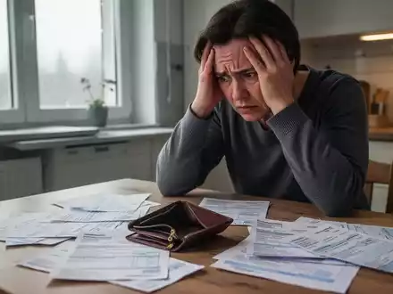 Eine besorgte Person sitzt am Küchentisch, den Kopf in den Händen, umgeben von leeren Geldbörsen und Rechnungen. - Foto: über boerse-global.de