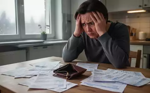 Eine besorgte Person sitzt am Küchentisch, den Kopf in den Händen, umgeben von leeren Geldbörsen und Rechnungen. - Foto: über boerse-global.de