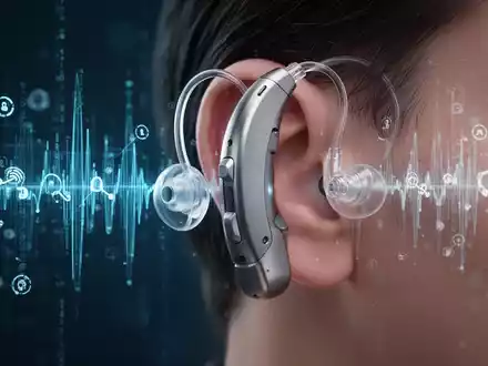 Nahaufnahme eines modernen Cochlea-Implantats, das diskret am Ohr sitzt, mit verschwommenen digitalen Klangwellen im Hintergrund. - Foto: über boerse-global.de
