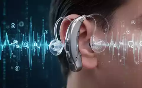 Nahaufnahme eines modernen Cochlea-Implantats, das diskret am Ohr sitzt, mit verschwommenen digitalen Klangwellen im Hintergrund. - Foto: über boerse-global.de