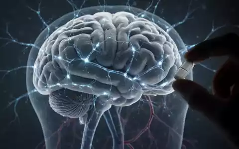Ein menschliches Gehirn mit leuchtenden neuronalen Pfaden und Blutgefäßen, daneben eine Hand, die eine Pille hält. Fokus auf Neurogesundheit. - Foto: über boerse-global.de