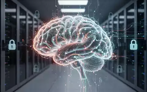 Ein stilisiertes, leuchtendes KI-Gehirn mit Datenströmen und digitalen Sicherheitsschlössern vor einem unscharfen Rechenzentrum. - Foto: über boerse-global.de
