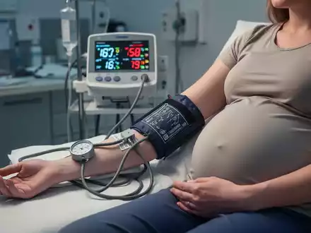 Ein Blutdruckmessgerät, das den Arm einer schwangeren Frau umwickelt, in einer klinischen Umgebung. - Foto: über boerse-global.de