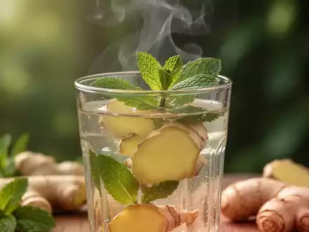 Ein Glas Ingwerwasser mit Ingwerscheiben und Minze, das die Vorteile für Verdauung und Gesundheit symbolisiert. - Foto: über boerse-global.de