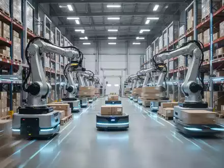 Roboter und automatisierte Systeme bewegen Pakete effizient in einem modernen, gut beleuchteten Lagerhaus, Symbol für fortschrittliche Logistik und ROI. - Foto: über boerse-global.de