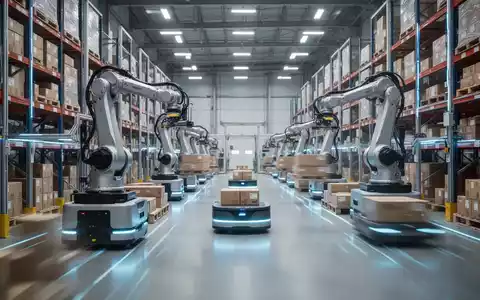 Roboter und automatisierte Systeme bewegen Pakete effizient in einem modernen, gut beleuchteten Lagerhaus, Symbol für fortschrittliche Logistik und ROI. - Foto: über boerse-global.de